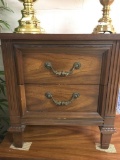 Vintage 40's influenced 2 drawer nightstand with brass pulls and ornate design