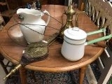 Selection of antiquities - rug beater, billow, enamelware, pitcher, etc