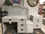 White wicker vanity set w/ twin size headboard and filing cabinet - seat is also a storage container