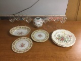 Set of partial floral themed plate sets and vase w/8 rose pink stemware glasses