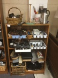 short bookshelf w/ all of contents -mostly flatware and kitchen items