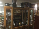 Contents of entertainment center incl. antique porcelain collectibles & kitchen items