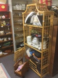 Rattan and glass shelf including many collectibles and electronics + remote controlled car