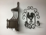Vintage metal rooster wall sconce and mahogany corner shelf