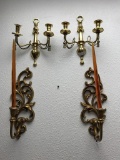 2 pairs of wall hanging candle holders - mid century syroco and smaller brass