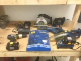 Set of Ryobi drills, saw, and more with drill bit set and chargers