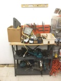 Garage/shop metal shelf full of misc. tools and shop items incl. craftsmen, makita power tools +