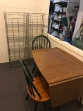 Drop leaf kitchen table with two chairs and 2 metal storage shelves