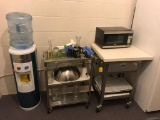 Set of 2 stainless kitchen carts/ medical carts with misc & watercooler