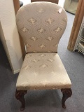 Lovely antique cherry wood re-upholstered parlor chair in fair condition - nice legs