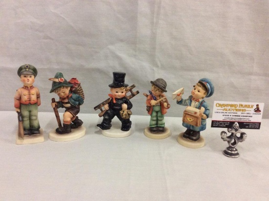 Collection of 5 TMK6 Hummel figurines includes "Postman" and "Little Fiddler"