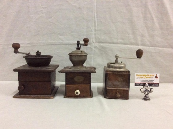 3 antique wood and metal coffee grinders by "HT", "Zassenhaus" + 1 more