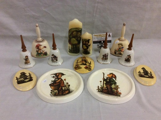 Nice lot of 13 Hummel collectibles; 6 bells, 2 candles, 3 wall hangers, 2 decorative plates