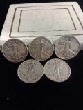 5 silver walking liberty half dollars, 1939, 1942, 1941-d, 1947-d, and 1944