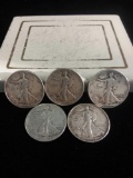 5 silver walking liberty half dollars, 1947-d, 1943, 1942-d, 1941, and 1939-s