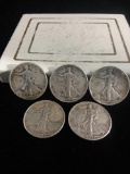 5 silver walking liberty half dollars, 1945, 1944-s, 1943, 1942, and 1941