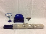 unique hand blown blue glass couch and martini glass w/ abstract ceramic art piece