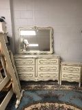 Set of white and gold art nouveau styled Dresser, twin bedframe, and nightstand set w/ mirror