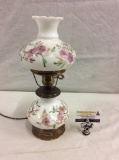 Antique hand painted parlor hurricane lamp in good cond w/ pink flower scene