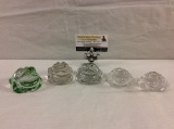set of 5 hand blown glass frogs