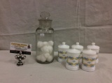 Fantastic set of 6 apothecary jars, 1 tall vintage 1930's, 5 milk glass by sharmerck