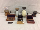 Nice collection of 4 antique scales and 4 weight sets, Columbian, Fisher + more as is