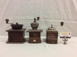 3 antique wood and metal coffee grinders by 