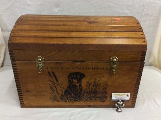 Beautiful and large wood chest with leather handles from Ducks Unlimited