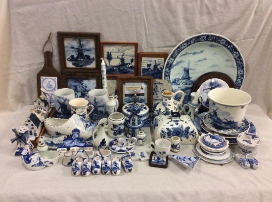 Authentic Delft Blue 65 item collection - Shoes, candle holder, trivets, tiles, plates + see pics
