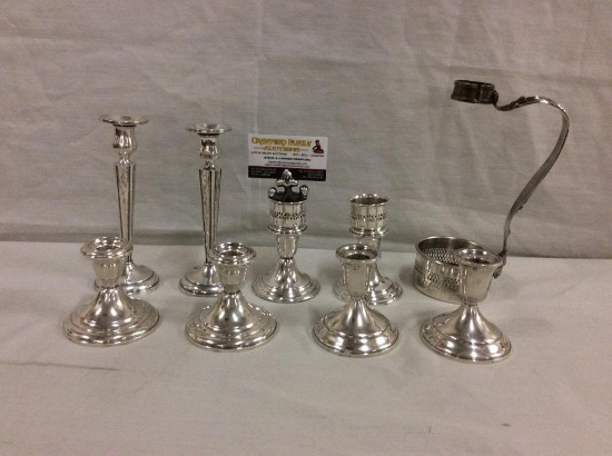 Set of 10 Sterling candleholders by Gotham, Towle, Wallace + 1 Raimond silverplate - weighted