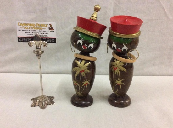 Set of 2 vintage hand made lacquered wood figures with tropical theme