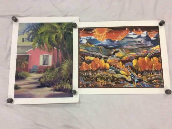Set of two unframed prints signed & #'d of 400 - tropical beach house & Native American landscape
