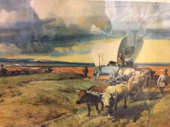 Large "No. 102 - The Oregon Trail" by Robert Wesley A. print in wood and rope frame - nice piece