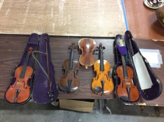 Set of 5 vintage and antique violins in various conditions - 2 with cases