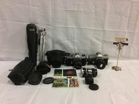 Vintage Asahi Pentax spotmatic camera & Canon Pellix w/ extra lenses stands and more
