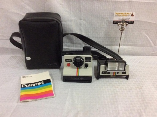 Vintage Polaroid one step camera w/ q-light # 2351 flash & bag + manual