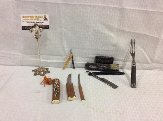 Collectibles set - Krusius Brothers Razor in box, FB mini razor, Japanese knife & antique fork
