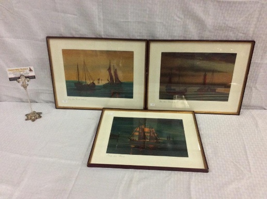 Series of 3 vintage H . Richter fishing/sailing boat charcoal & pencil originals? - signed