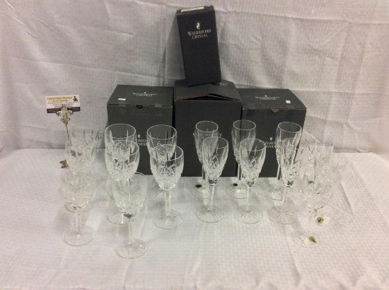 Set of 17 Waterford "Araglin" champagne flutes & water goblet - most like new in box