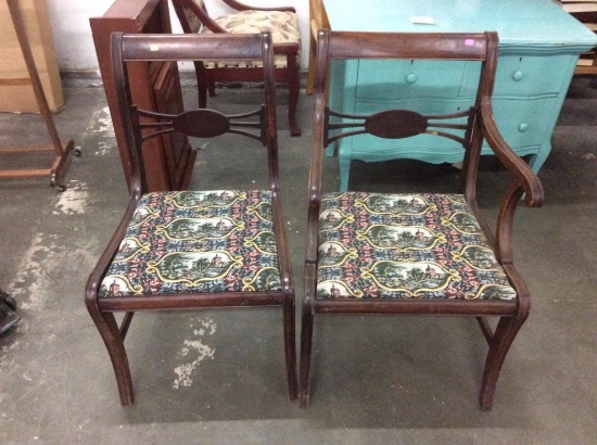 Set of two 40's vintage mahogany side chair and arm chair with matching upholstery