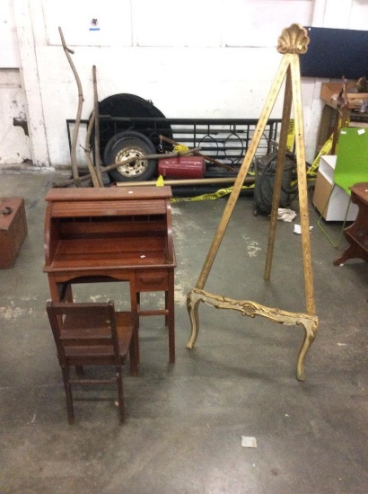 Lovely vintage solid wood cylinder roll top desk & gold Art Nouveau look art display/easel