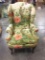 Custom made down filled Peacock pattern vintage wing back chair in good cond circa 1950's
