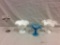 Set of 3 raised compotes / candy dishes with riffled edges - 2 milk glass and one light blue with