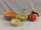 Vintage glazed pottery pieces incl. Bauer bowl & ewer with wood handle