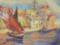 Vintage brightly colored ship/port scene oil painting signed Antonio