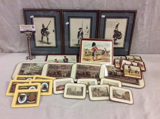 3 British/Scottish infantry pictures + collection of coasters & placemats w/ Brit/Scottish infantry
