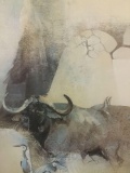 hand signed print of African horned buffalo and wildlife by Keith Laubert # 155/850