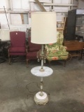 Vintage Hollywood regency marble and brass floor lamp with middle shelf and dangling crystal - as is