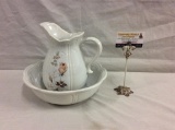 Vintage white porcelain McCoy water bowl and pitcher with flower scene