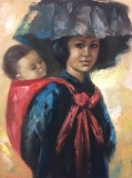 Original painting by David Lee depicting an Asian woman carrying her baby